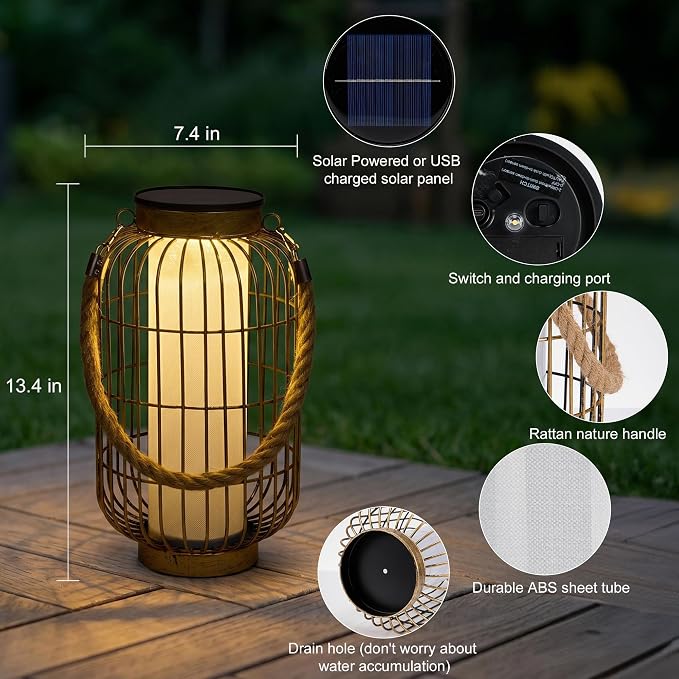 Large Solar Lanterns Outdoor Waterproof, Solar Lantern Metal Dual Charging (Usb/Solar), Two Brightness Modes Decorative Solar Lights For Yard Patio Garden Front Porch Indoor Or Tabletop Decor (Copper)