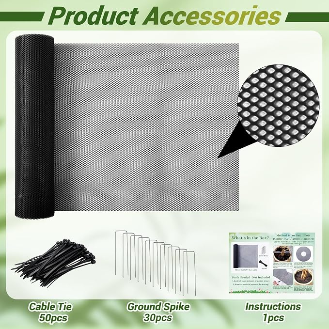 Cuttable Plant Pot Grid Set, 15.7" W x 236" L Indoor Plant Protector from Cats, Pot Soil Cover Protector from Animals with Stakes & Zip Ties for Garden Balcony, Fits Different Pot Sizes(Black)