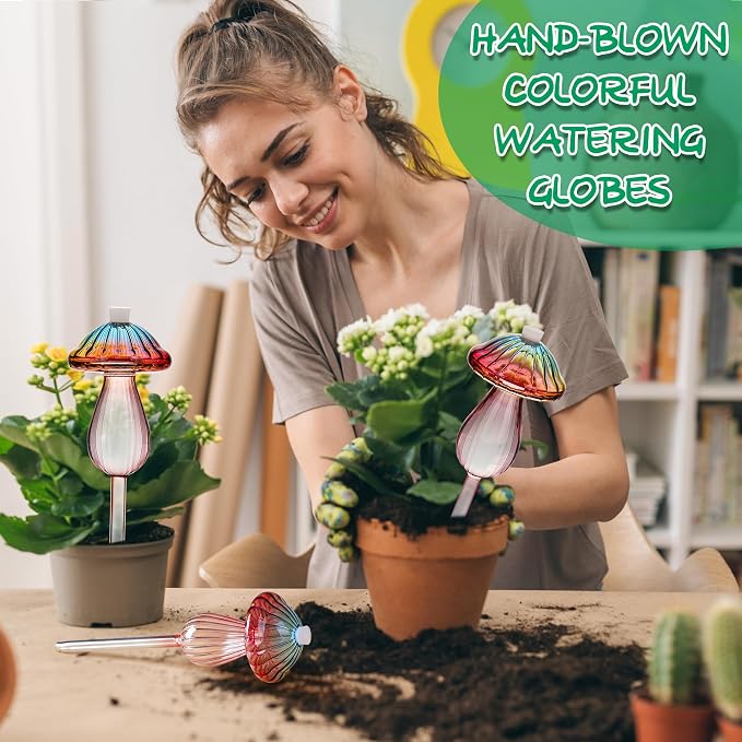 Plant Watering Globes Mushroom, Rainbow Gradient Color Plant Watering Devices, Self Watering Planter Insert, Self Watering Globes - Watering Bulbs for Indoor Plants for Travel Vacation (2 PCS)