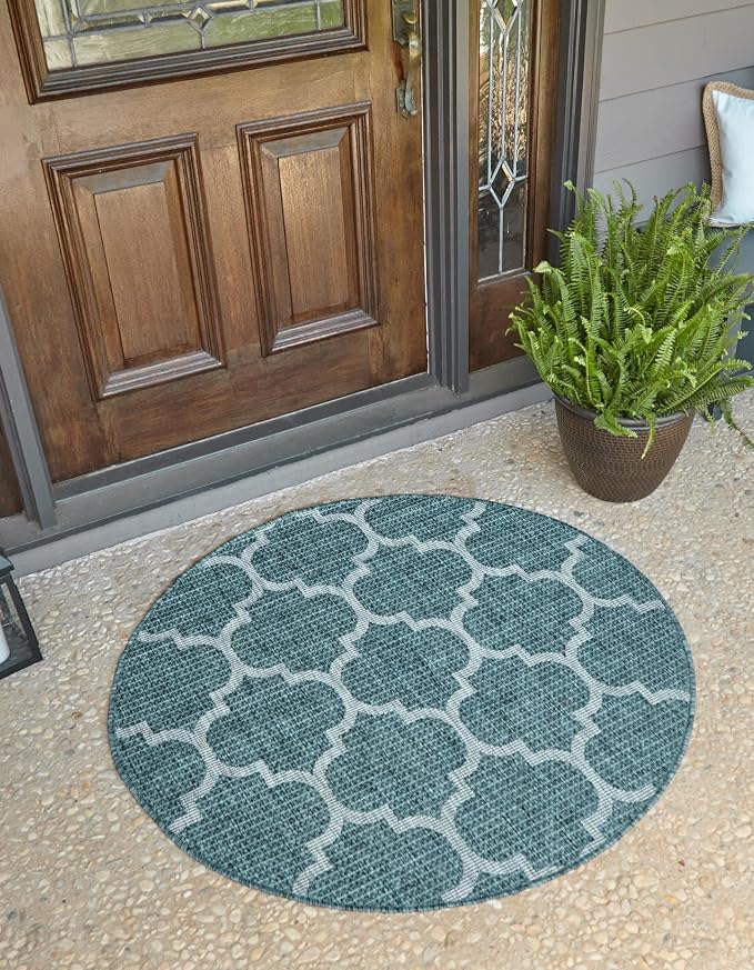 Unique Loom Outdoor Trellis Collection Area Rug (3' 3" Round, Teal/ Gray)