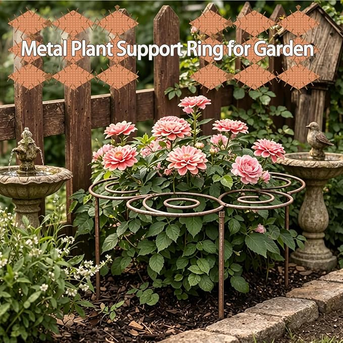 Metal Plant Support Ring for Garden, Heavy-Duty Peony & Dahlia Cage, Stackable Flower Support for Indoor & Outdoor Plants, Decorative Grow-Through Ring, Orchid Clip