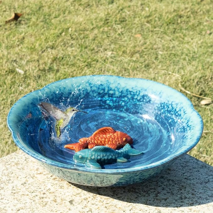 10" W Ceramic Bird Bath Bowl,Bird Bath for Outside with 2 Koi Fish Decor.
