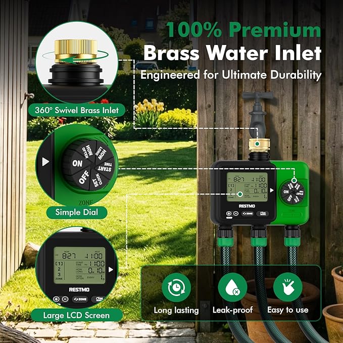 RESTMO Sprinkler Timer for Outdoor Hose Faucet 3 Zone, Up to 9h59m Programmable Watering Timer for Soaker Hose, Filling, Misting with Brass Inlet, Rain Delay/Manual/Automatic Irrigation System