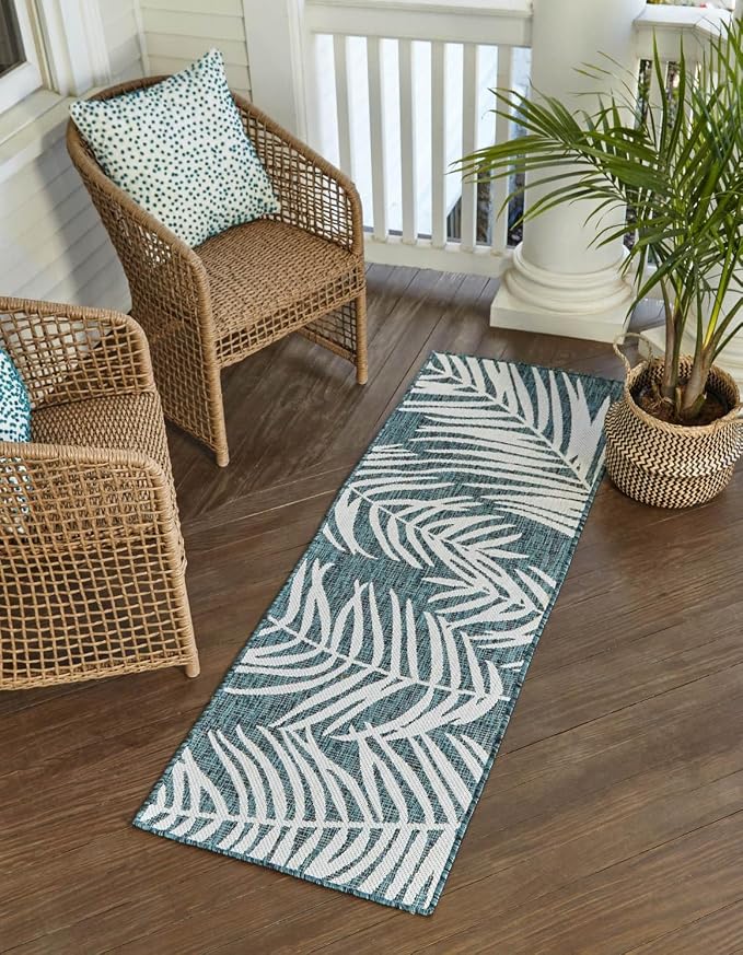 Unique Loom Outdoor Botanical Collection Area Rug - Palm (2' 7" x 10' Runner Teal/Ivory)