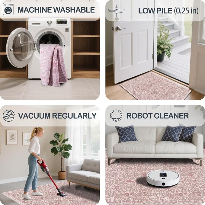 Washable 2x3 Entry Rug, Front Door Rugs Indoor, Vintage Floral Area Rugs for Kitchen, Non-Slip Bathroom Small Rugs, Perfect for Entryway Decor Door Mat (2x3 Pink)