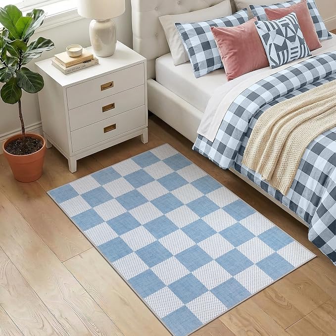 GarveeHome Checkered Blue 2x3 Washable Coastal Rug Low-Pile Small Door Mat | Light Blue Area Rug for Entryway Hallway Kitchen Bathroom Stain Resistant Low-Pile Non-Slip Soft Rugs TPE Backing