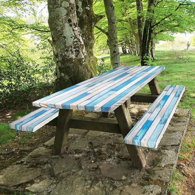Picnic Table Cover with Bench Covers Camping Essentials Reusable Waterproof Windproof Camping Tablecloth Fitted Rectangle Tables and Seats, 72in, Blue White Wood