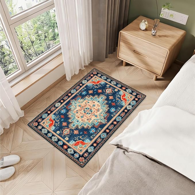 Navy Blue Coral Tribal 2x3 Entry Rug,Washable Small Rugs for Entryway Kitchen Bathroom Door Mat Indoor Entrance,Non Slip Rubber Backing,Stain & Fade Resistant,Bohemian Southwestern Decor