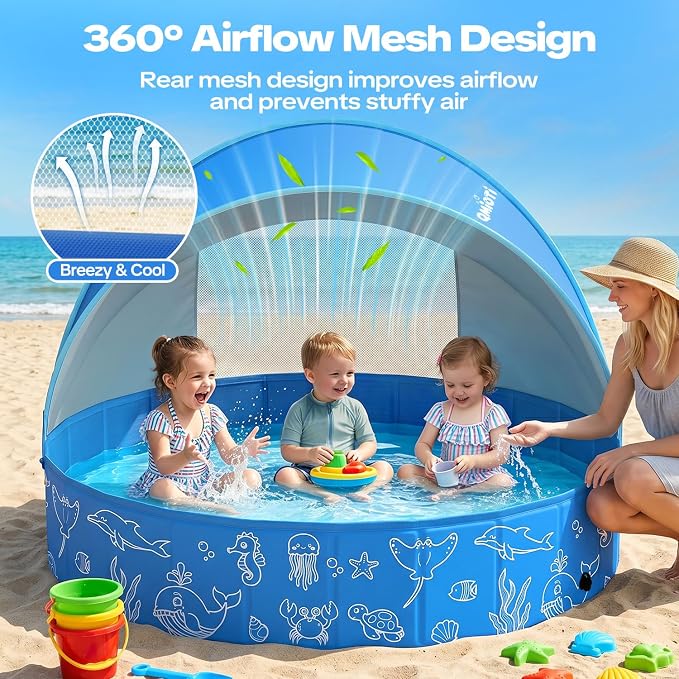 Foldable Kiddie Pool with Canopy, 47in Kids Pool with Detachable UPF 50+ Sunshade, Portable Non-Slip Swimming Pool Dog Pool for Backyard, Beach, Outdoor Summer Water Play