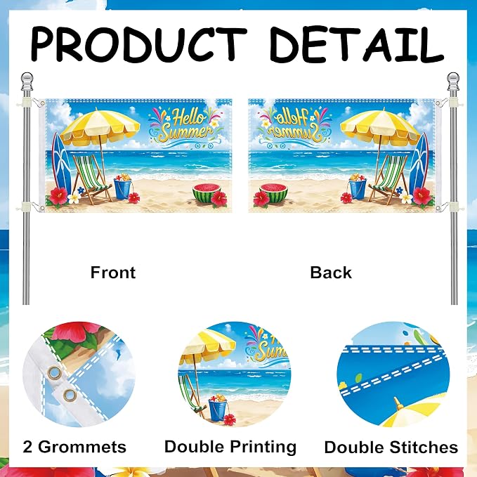 3×5Ft Hello Summer Beach Flag, Tropical Summer Themed Decorative Flag for Beach Party & Outdoor Garden Decor