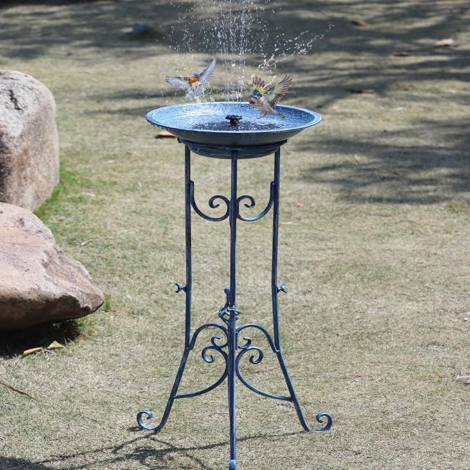 Multifunctional Solar Bird Bath for Outside, Metal Birdbath Stand and Solar Fountain Bird Bath Bubbler Combo Set, Solar Birdbaths for Outdoors Garden Lawn Yard Decor（Blue）