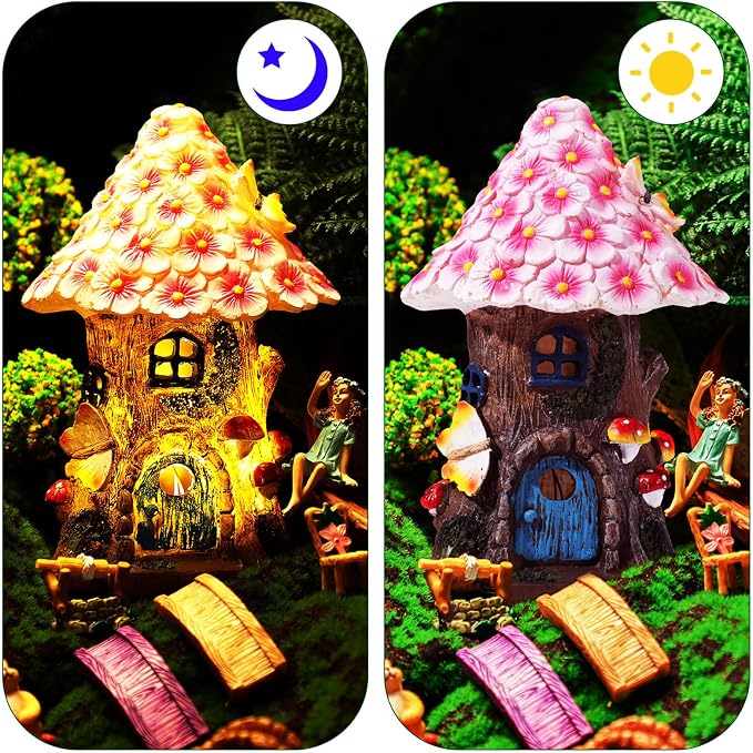 Poen 8'' Solar Light up Fairy House Garden 6-8 Fairy Figures Garden Accessories Kit Animals Doll House Decor Outdoor Micro Landscape Ornaments(Pink)