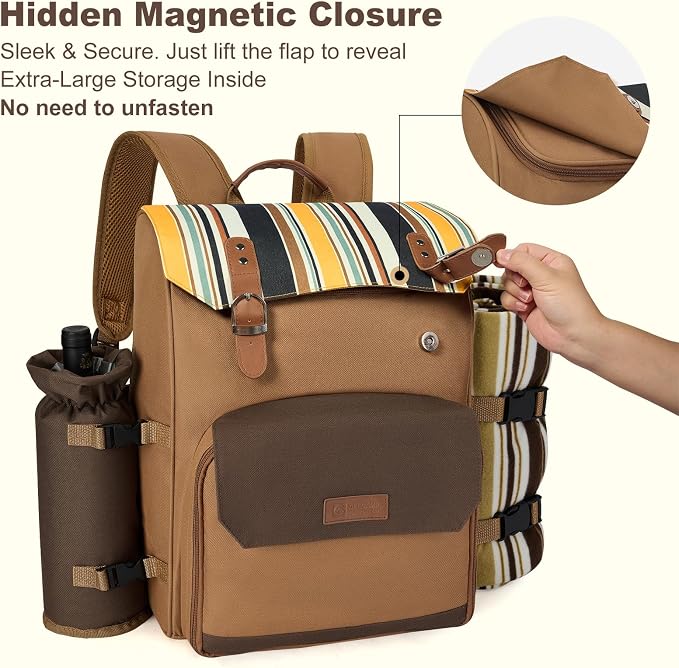 Picnic Backpack, 2-Person Set with Blanket and Wine Holder, Gray(Caramel Brown)