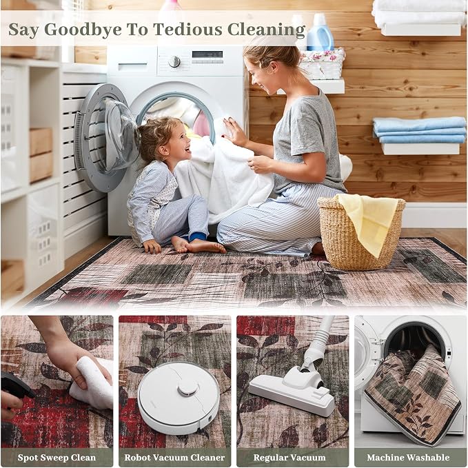 GarveeHome Washable 5x7 Rug Modern Geometric Floral Rug Machine Washable Non-Slip Carpets for Living Room Bedroom Kitchen Dining Room, Low-Pile Non-Shedding Floor Carpet Brown Red 5x7