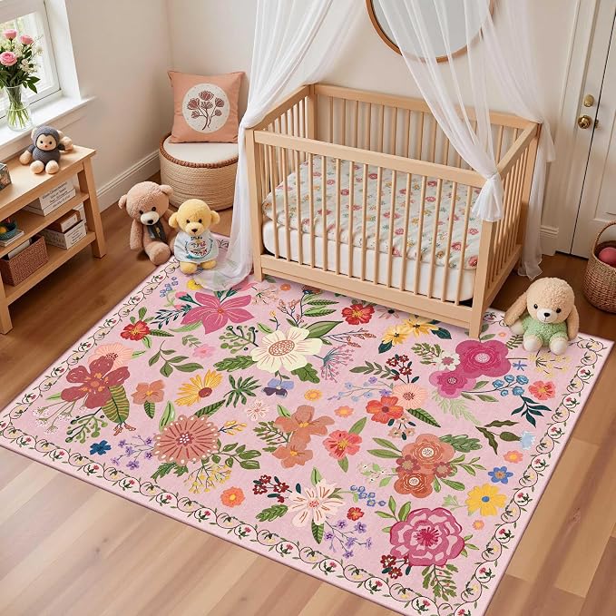 Latte&Fog 3x5 Entryway Area Rugs, Washable Floral Pink Rugs for Living Room | for Girls Bedroom Dining Kitchen Kids Playroom Nursery Classroom Dorm Farmhouse Office, Non Slip Low Pile Soft Floral Carpet