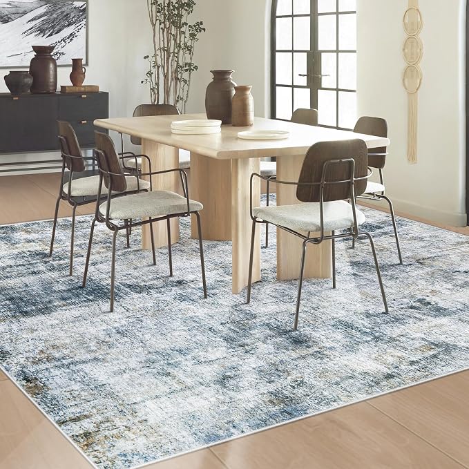 5x7 Area Rugs Washable Rug: Abstract Neutral Rugs Modern Non Slip Area Rug Stain Resistant Low Pile Indoor Carpet for Dining Room Bedroom Nursery Office (Multi Blue, 5'x7')
