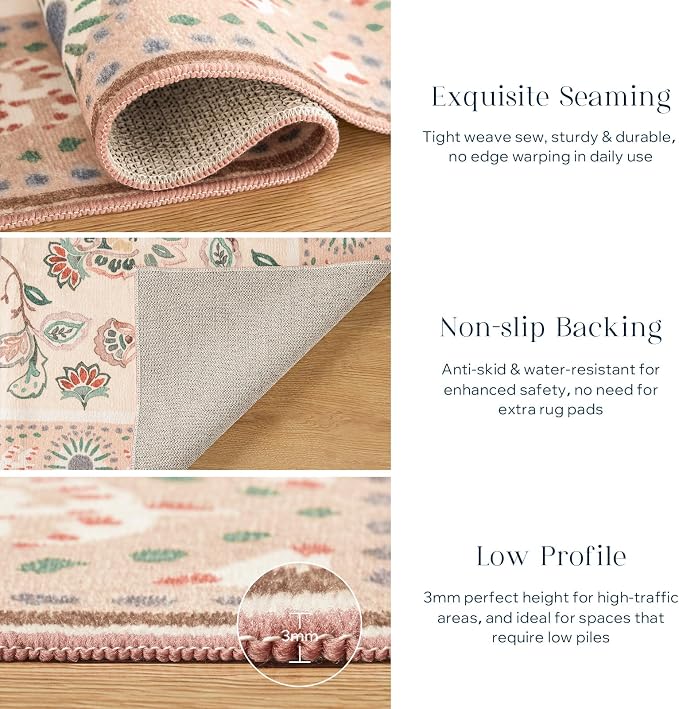 Phantoscope Washable Runner Rug 2'x10' Non-Slip, Vintage Boho Hallway Rugs for Entryway, Stair, Bedroom, Persian Floral Medallion Pattern, Low-Pile Foldable Floor Carpet, Ivory Rose/Fall Bloom