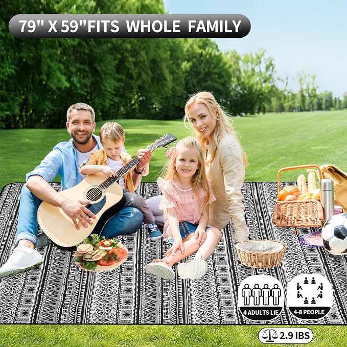 Picnic Blankets Outdoor Extra Large-Waterproof Picnic Blanket with Shoulder Carry Strap | Machine Washable Picnic Mat with Sandproof Backing for Park , Grass, Camping, Hiking, Concerts (Black)