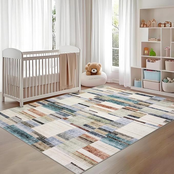 GarveeHome Washable Rug 9x12 Area Rug for Bedroom Geometric Modern Living Room Rug Farmhouse Non Slip Large Area Rug Soft Throw Rugs Stain Resistant Carpet for Dining Room Nursery Multi 9 ft x12 ft