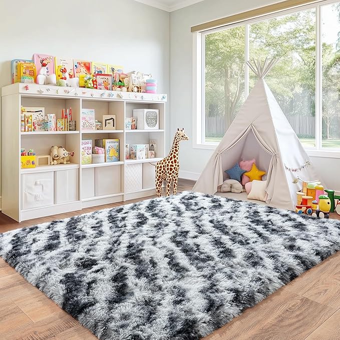 8x10 Area Rugs for Living Room, Large Ultra Fluffy Fuzzy Shag Rug for Bedroom, Modern Plush Soft High Pile Upgrade Non-Slip Carpet for Kids Girls and Boys Room Decor, Tie-Dyed Black Grey
