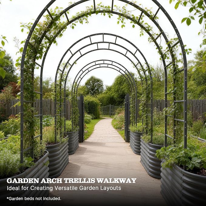 A ANLEOLIFE Garden Arch Trellis for Raised Garden Beds, Heavy-Duty Metal Archway, Bed-Mount or In-Ground Install, Deep-Insert Stability for Cucumbers, Beans, Gourds & Squash, Quartz Gray