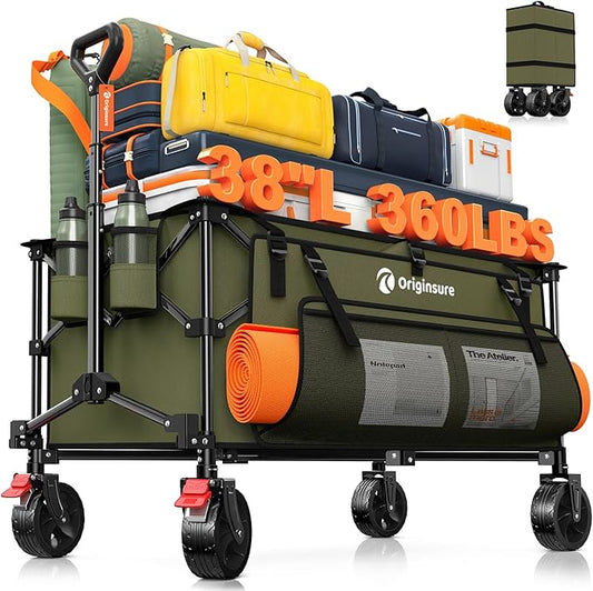 Originsure 220L Collapsible Wagon Cart Foldable, 38" L Extra Large Heavy Duty Folding Beach Wagons with All-Terrain Wheels, Utility Carts for Camping, Sports, Shopping, Groceries - Green