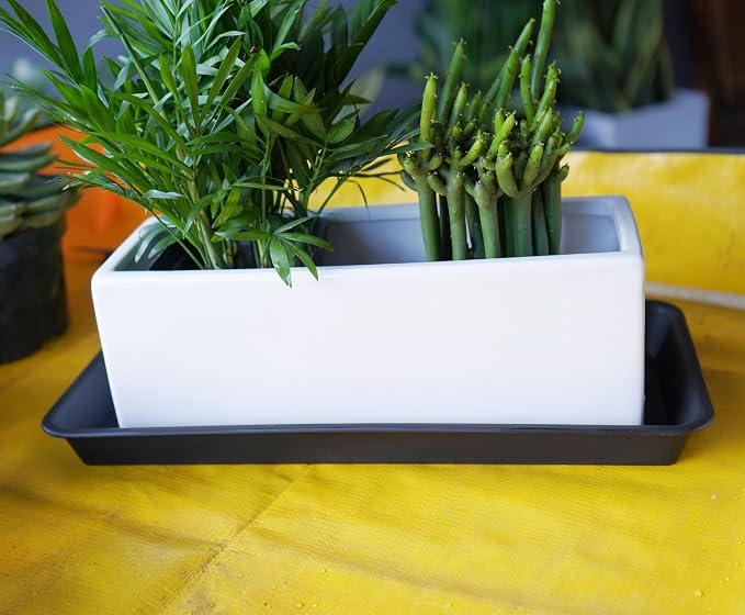 VUWEZ 2 Pack of Plastic Plant Tray Saucer Rectangular 17 18 inch, Plant Trays Saucers for Indoors Outdoor, Plant Water Drip Tray for Flower Pot Planter, Windowsill Plant Tray (7.8 X 17.5'', Black)