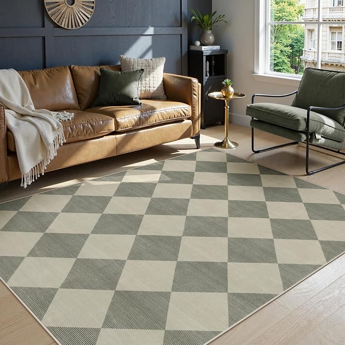 Beeiva Checkered Print 5x7 Rugs for Living Room, Non Slip Soft Green Rugs for Bedroom Ultra Thin Washable Rugs 5x7, Moroccan Farmhouse Carpet for Playroom Kids Room, Classic Classroom Dorm Home Decor