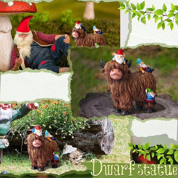 Suzile Garden Gnomes Statues Decor 9.84'' Highland Cow Garden Statues Resin Gnome Sitting on Highland Cow Birthday Gifts for Woman Mom for Home Table Yard Patio Lawn Porch