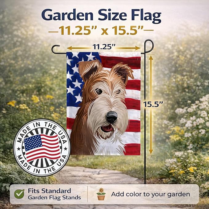 Caroline's Treasures CK6527GF Fox Terrier Wire Dog American Flag Garden Flag Mailbox Flag Decorative Yard Flag Banner Outside Patio Artwork Yard Flower Beds, Garden Size, Multicolor