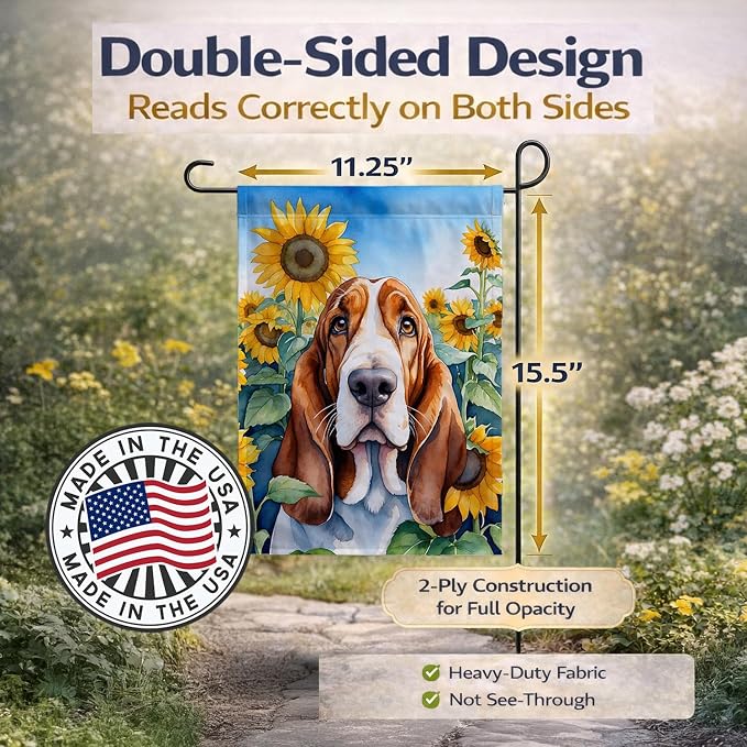 Caroline's Treasures DAC6018GF Basset Hound in Sunflowers Garden Flag Mailbox Flag Decorative Yard Flag Banner Outside Patio Artwork Yard Flower Beds, Garden Size, Multicolor