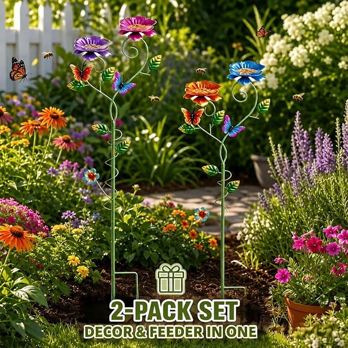 2 Pack Bee Watering Station, 3D Colorful Metal Bee Bath for Garden, Butterfly Feeder with Flower Design, Anti-Drowning Bee Watering Feeder Cups for Outdoor Yard Lawn Patio Decor