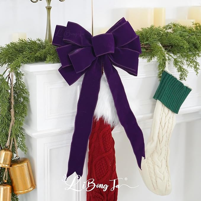13" Purple Bow Pre-Tied Bow for Christmas Tree, Purple Velvet Ribbon Bow for Wreaths, Tree Toppers Bow, Premade Bow, Gift Bow for Party Favor, Christmas Home Indoor Outdoor Decor-1 Counts