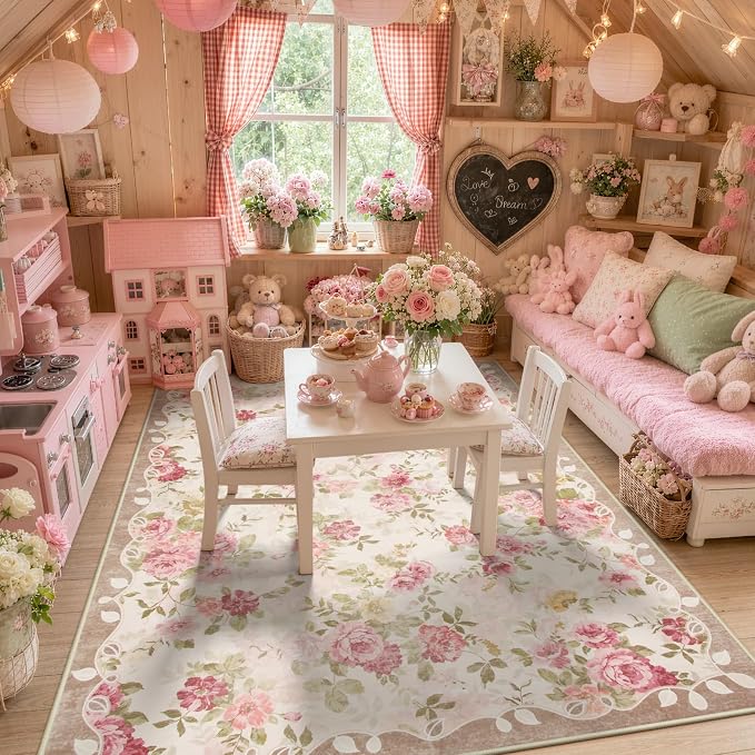 Lahome Pink Floral Nursery Rug 4x6, Low Pile Ultra-Thin Girls Bedroom Rug | Pet Friendly, Easy To Clean Non Slip Carpet For Baby Girl Nursery, Playroom And Cottage Decor