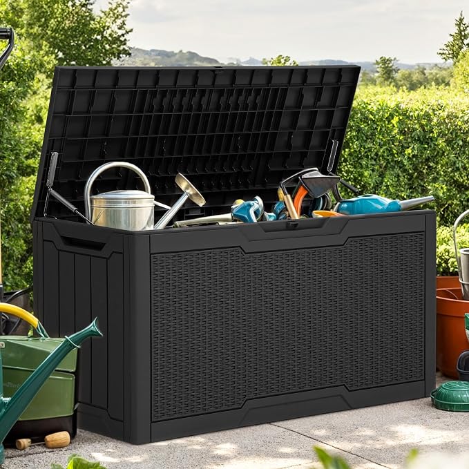 YITAHOME 80 Gallon Outdoor Storage Box, Large Water Resistant Resin Deck Box, Indoor Outdoor Lockable Rattan Storage Container for Patio, Garden, Cushions, Tools, Equipment (Black)