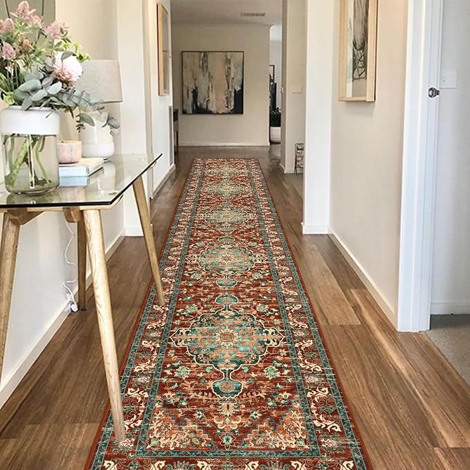 U'Artlines 2' x 12' Boho Hallway Runner Rug, Washable Carpet, Rust＆Teal | Non Slip, Long, Vintage Farmhouse Accent Area Rug Carpet, for Kitchen Entryway Laundry and Living Room