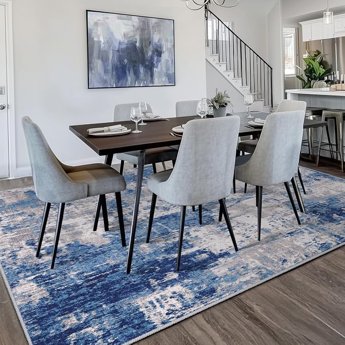 RELEANY Washable 7'x9' Abstract Area Rug for Living Room Blue Gray | Carpet for Bedroom, Kitchen, Office, Hallway and Entryway, Printed Pattern, Non‑Slip, Soft, Stain‑Resistant, Easy to Clean
