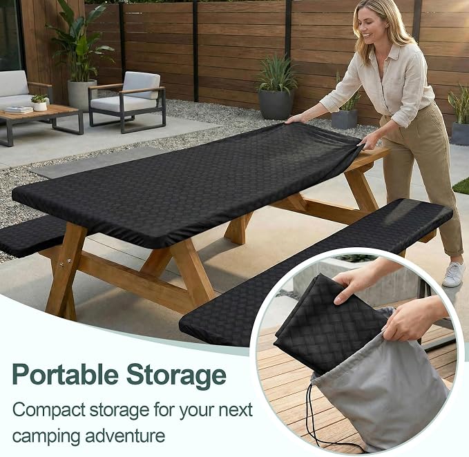 Picnic Table Cover with Bench Covers Camping Essentials Waterproof Windproof Camping Tablecloth with Drawstring Bag, Fitted Rectangle Tables and Seats, 96in, Black