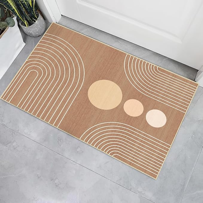 Boho 2x3 Rug for Entryway Modern Geometric Abstract Area Rug Brown Mid Century Modern Machine Washable Door Mat Contemporary Non-Slip Printed Low-Pile Floor Carpet Kitchen Bathroom Laundry Brown