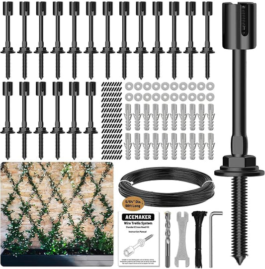 20-Set Black 5/64" (2mm) Wire Trellis for Climbing Plants Outdoor with 98ft Vinyl Coated Cable, T316 Stainless Steel Wall Wire Trellis Kit