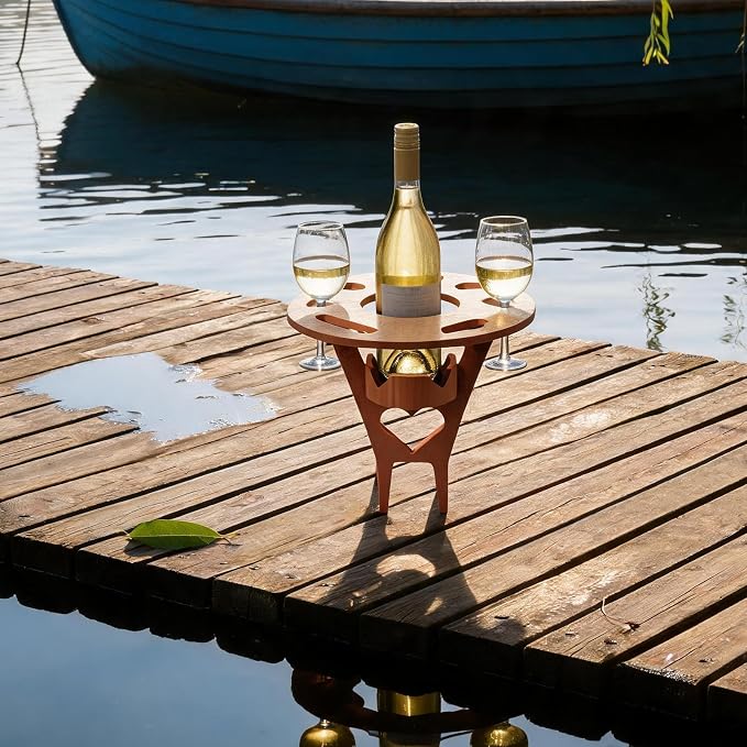 Foldable Wine Table Outdoor, Portable Mini Wooden Picnic Table Wine Glass Holder for Beach BBQ Camping Yard Lawn Party