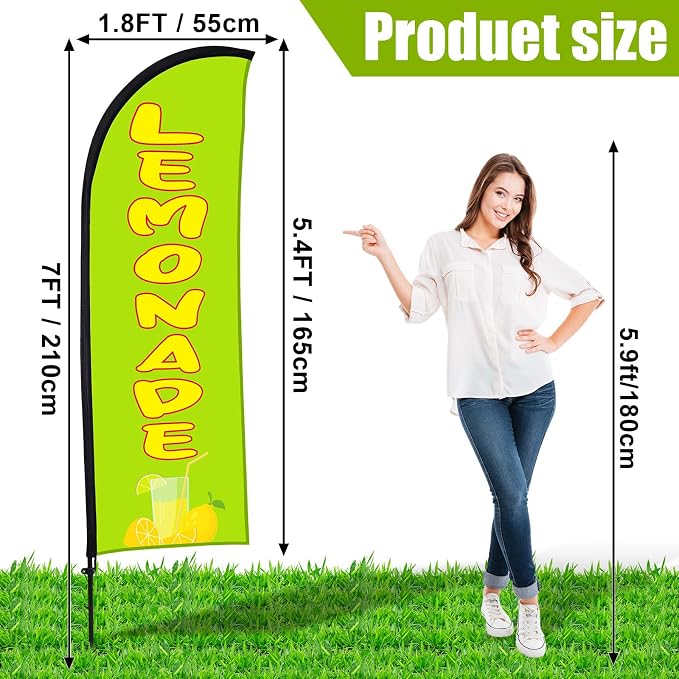 Buryeah Lemonade Feather Flag for Business Advertising 7 x 5.4ft Feather Flag Sign with Flagpole Ground Stake Portable Bag Lemonade Themed Banner with Rope for Outside Garden Business Party(Green)