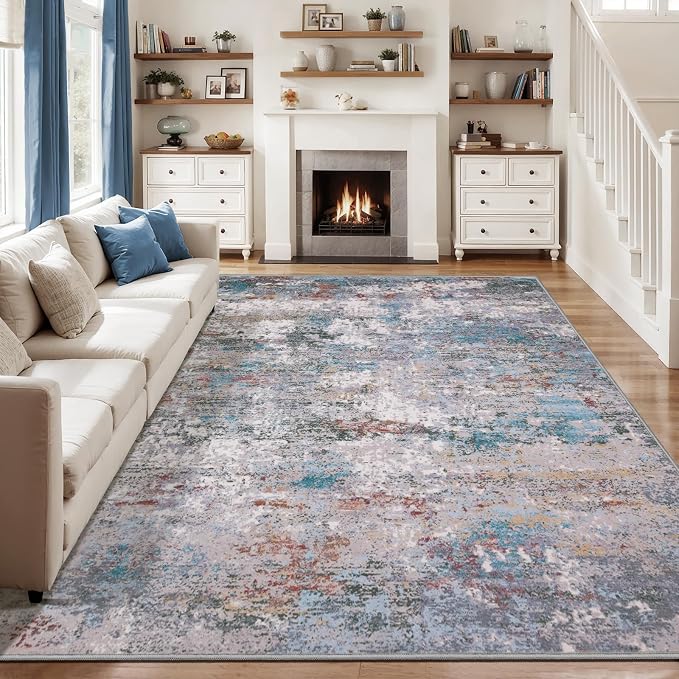 Tangsoo Modern 8x10 Washable Area Rug for Living Room,Abstract Non Slip Rug | Contemporary Indoor Large Area Rugs Carpet, Soft Low Pile Foldable Floor 5X7 Rug for Bedroom Dining Room Blue Grey Decor