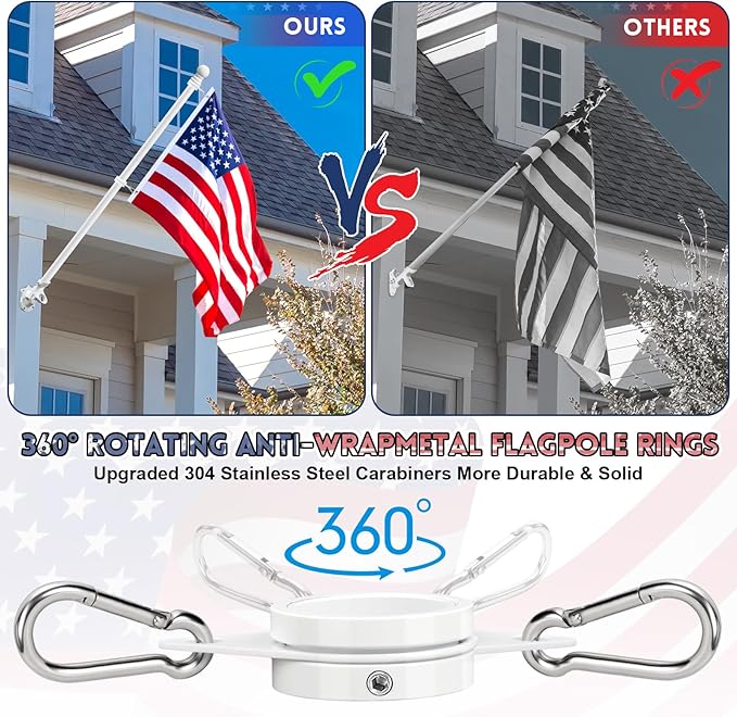 House Flag Pole, REERON 5 FT Metal Spinning Flag Poles Kit, 1" Tangle Free Stainless Steel Flagpole with 360° Flagpole Ring for Outside House Porch Residential Wall Mount for 3x5 Flag, Without Bracket