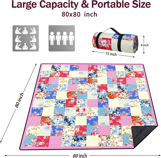Picnic Blankets Beach Blanket 80" X 80" Extra Large Waterproof Camping Blankets Portable Outdoor Mat 3-Layer Blanket for Beach, Hiking, Park, Music Festival, Grass Lawn,Travel