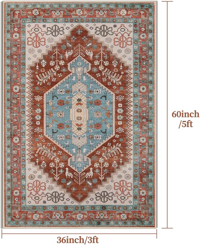 Ciicool Washable 3x5 Area Rug,Boho Non-Slip Indoor Mat for Entryway Kitchen | Oriental Low-Pile Soft Vintage Boho Indoor Entry Carpet for Bedroom Bedside Living Room Laundry Dining Room