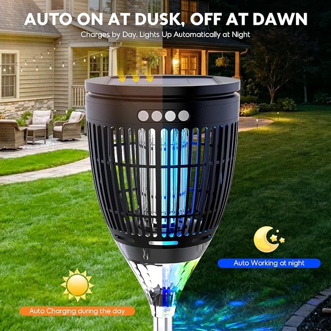 Solar Bug Zapper Outdoor, 4200V 3-in-1 Mosquito Zapper with Flame Light & RGB Projector, Solar Powered & USB Rechargeable, Smart Auto Mode, IP65 Waterproof Mosquito Killer for Yard Garden 2000 Sq Ft