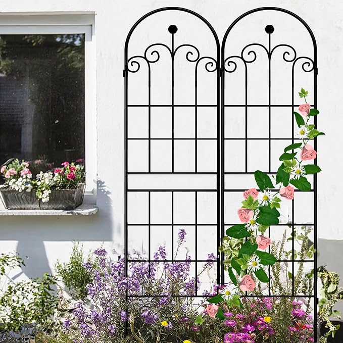 LZRS 4 Pack 71x20in Rustic Iron Arch Decoration Garden Trellis with Black Metal Coating – Perfect for Supporting Climbing Plants Outdoor, Roses, Vines, Flowers, and Vegetables.
