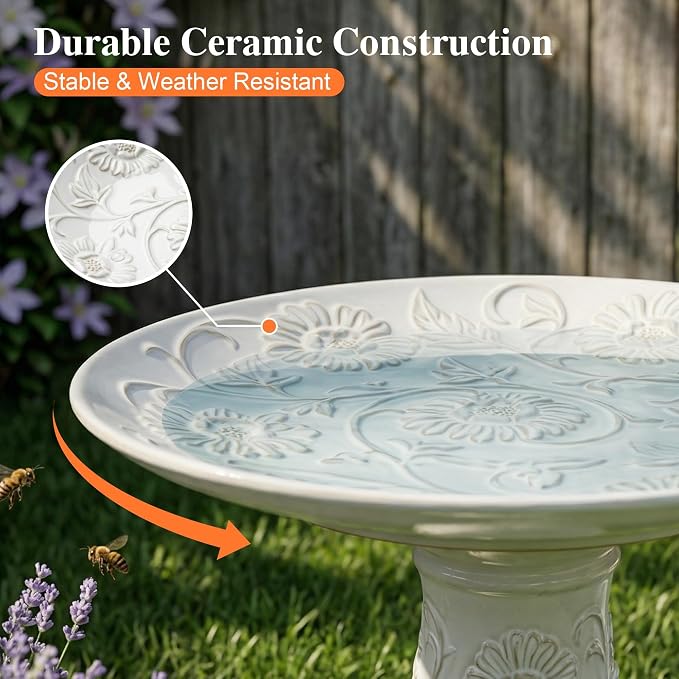 Topadorn Ceramic Bird Bath Bowl for Outdoors, 14.17" Decorative Bird Bath with Embossed Floral Design, Tabletop Birdbath for Garden, Patio, Deck & Balcony
