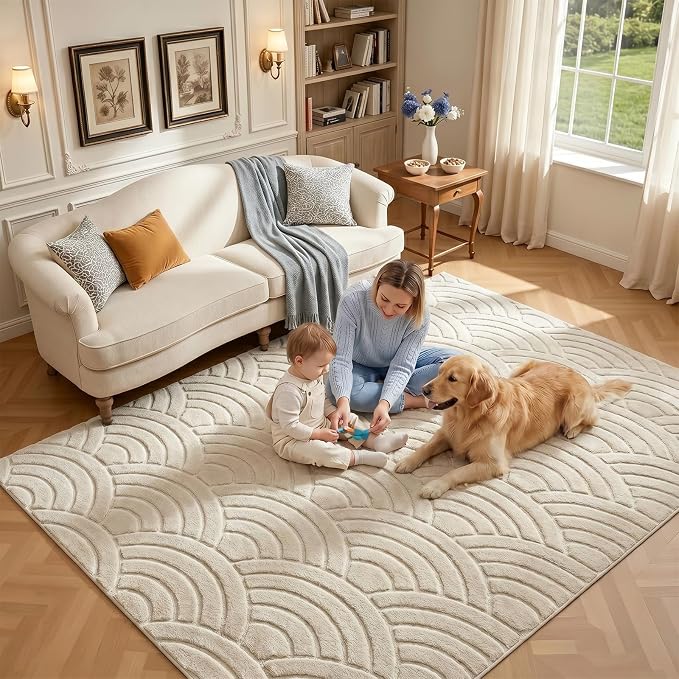 SHACOS Soft Cozy Fluffy Arch Waves Pattern High-Low Textured Area Rug 5'x7' | Non Slip Washable Minimalist Modern Graphic Rainbow Carpet for Living Room Bedroom Bathroom Dining Room, Cream